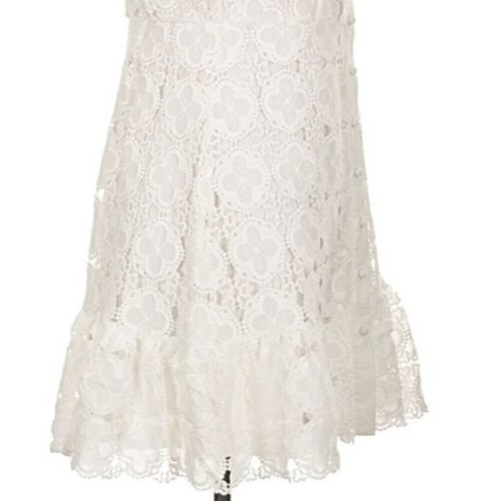 DESIGNER AQUA WHITE LACE HALTER NECKLINE RUFFLE HEM SLEEVELESS DRESS SIZE LARGE - Picture 10 of 16